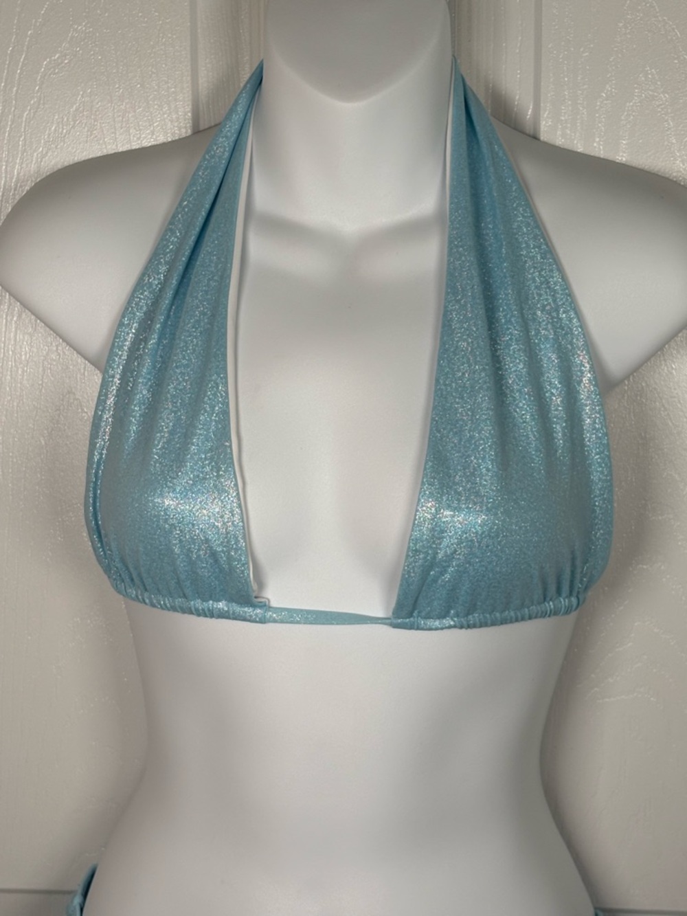 Frankie's Bikinis Light Blue Metallic Halter Bikini with Ruffle Skirt B22 - Picture 4 of 11
